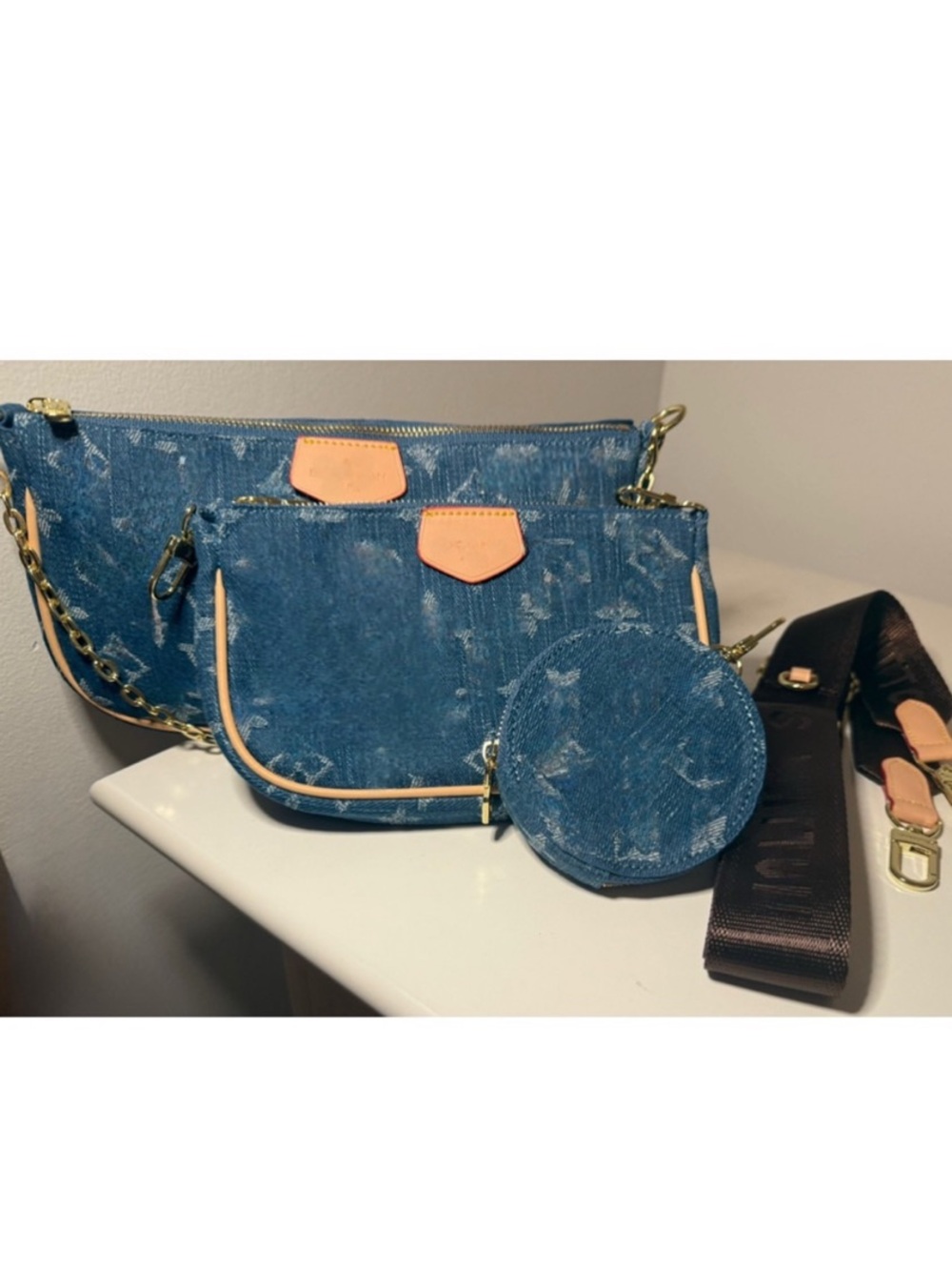 3 pc. Denim Crossbody Bag with Brown Strap